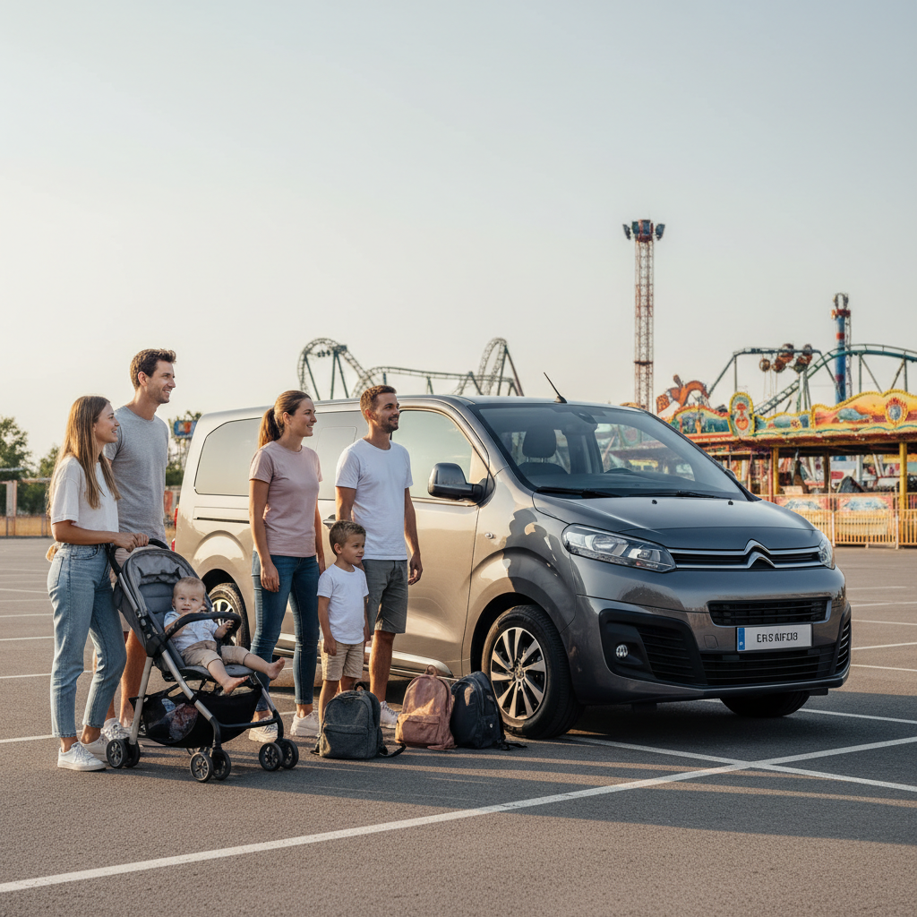 bus 9-osobowy marki Citroen w kolorze szarym, zaparkowany na parkingu, przed nim stoją 4 osoby dorosłe i dwoje dzieci, jedno dziecko siedzi