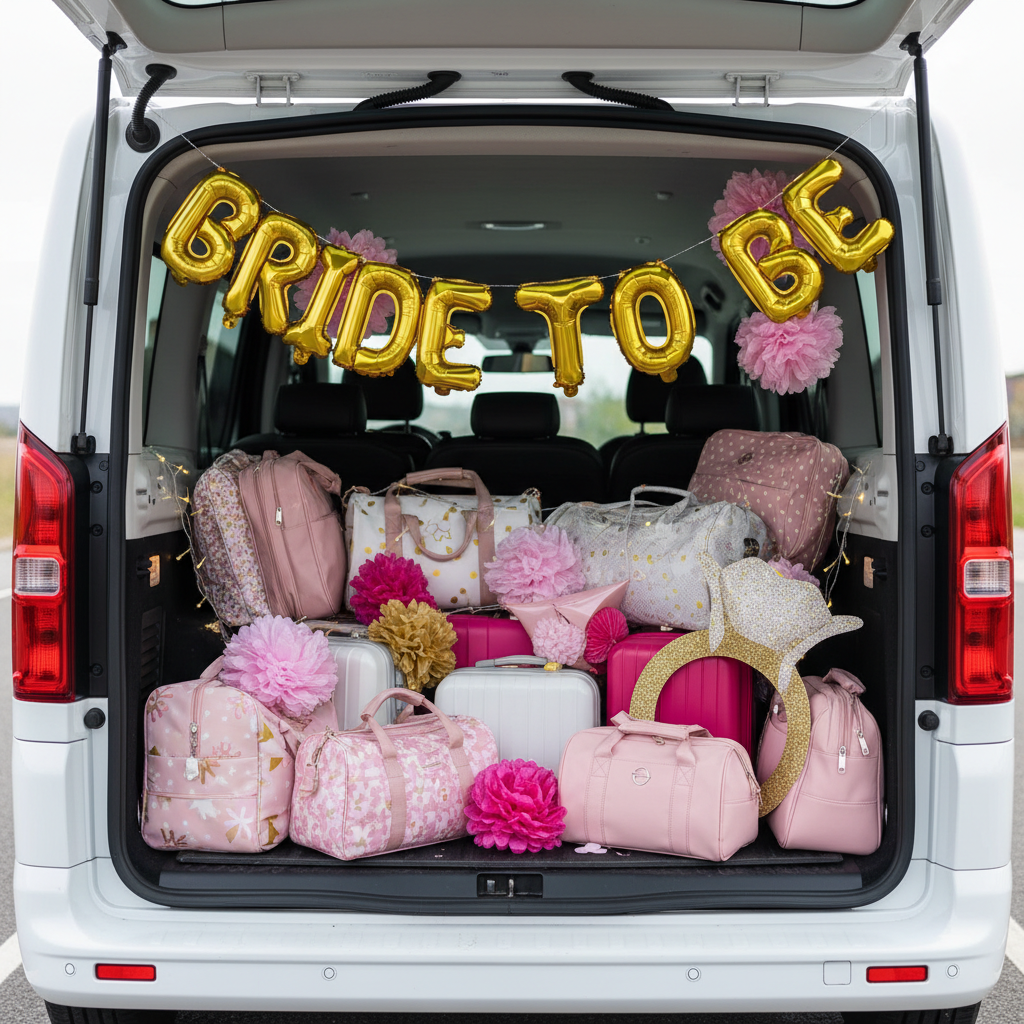 zapakowany bagażnik minibusa z torbami weekendowymi i dekoracjami na wieczór panieński