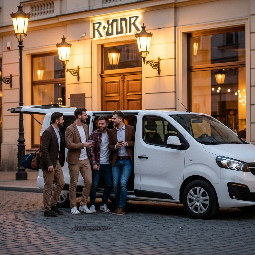 grupa znajomych mężczyzn wsiadająca wieczorem do 9-osobowego busa przed lokalem w centrum Kielc