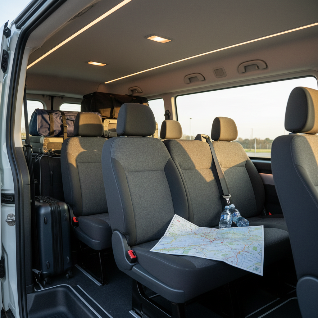 wnętrze minibusa z uporządkowanym bagażem, butelkami wody i mapą trasy rozłożoną na siedzeniu