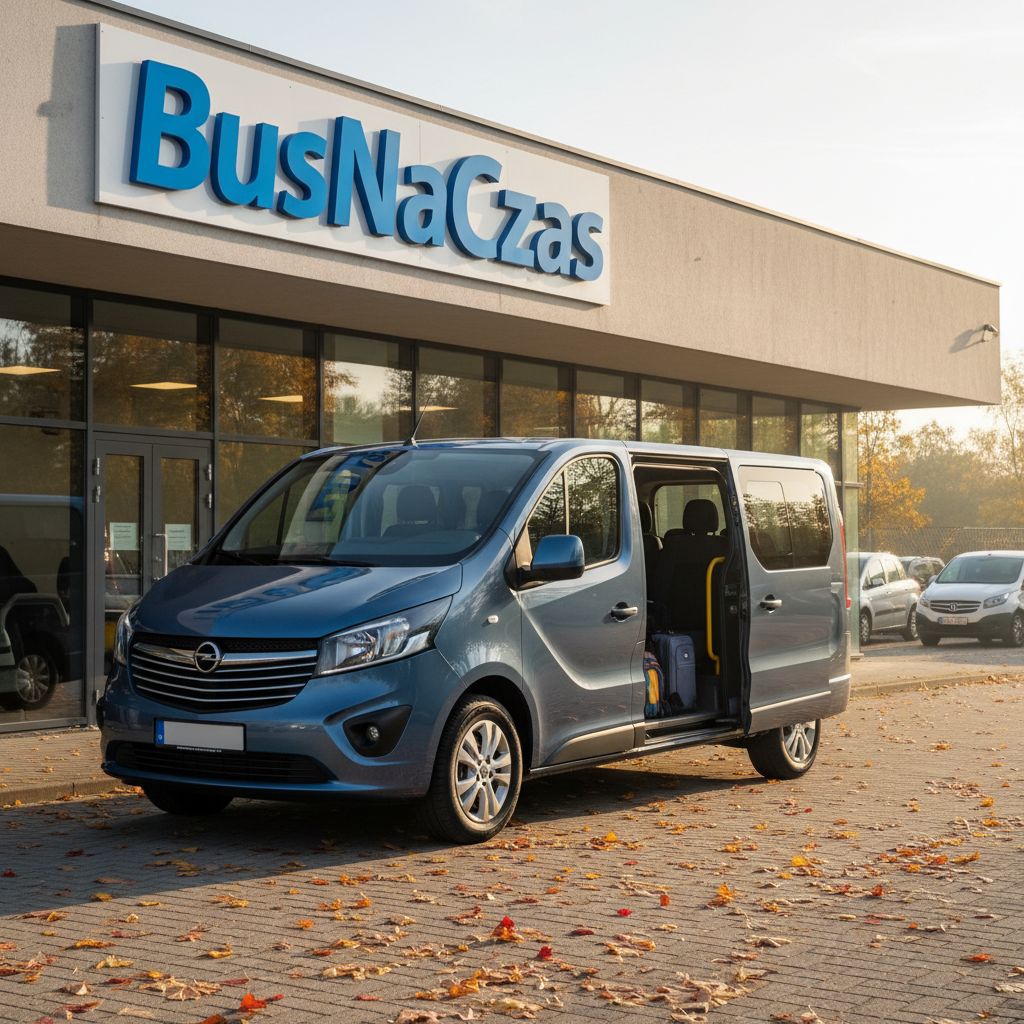jesienny parking przed wypożyczalnią pod nazwą"BusNaCzas", 9-osobowy minibus gotowy do wyjazdu w słoneczny poranek