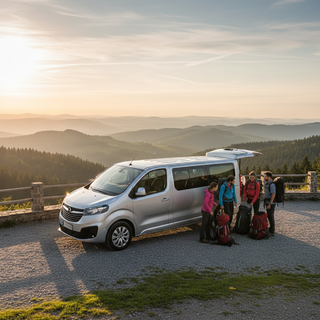 9-osobowy minibus zaparkowany rano przy punkcie widokowym w Górach Świętokrzyskich, obok grupa turystów pakuje plecaki
