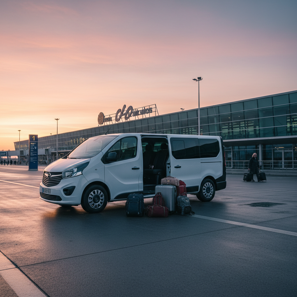 9-osobowy minibus zaparkowany o świcie przed terminalem lotniska z walizkami ustawionymi obok