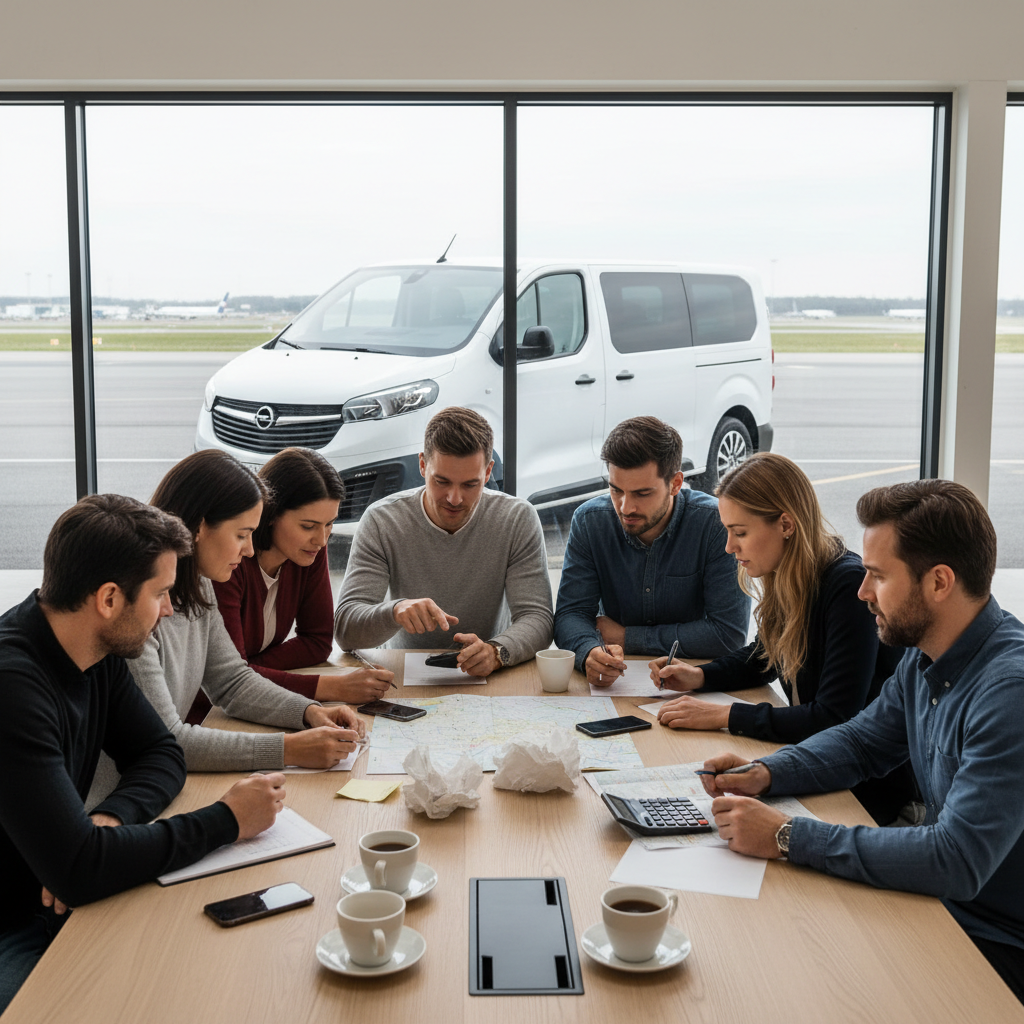 grupa ośmiu podróżnych siedzących przy stole z telefonem, kartką i kalkulatorem podczas planowania kosztów dojazdu na lotnisko