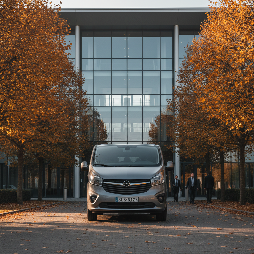 dziewięcioosobowy minibus zaparkowany przed nowoczesnym centrum konferencyjnym w jesienny poranek