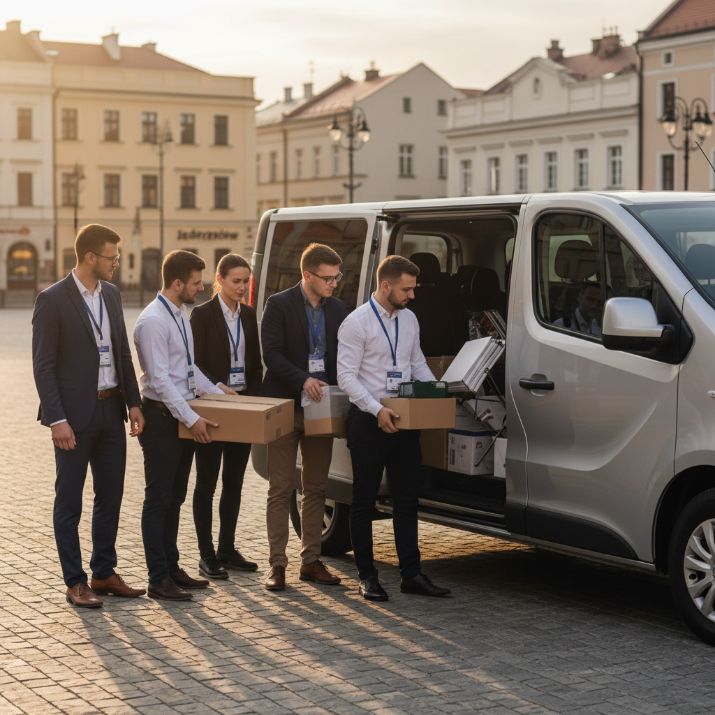 grupa pracowników z identyfikatorami konferencyjnymi pakuje materiały targowe do minibusa przed wyjazdem z Jędrzejowa