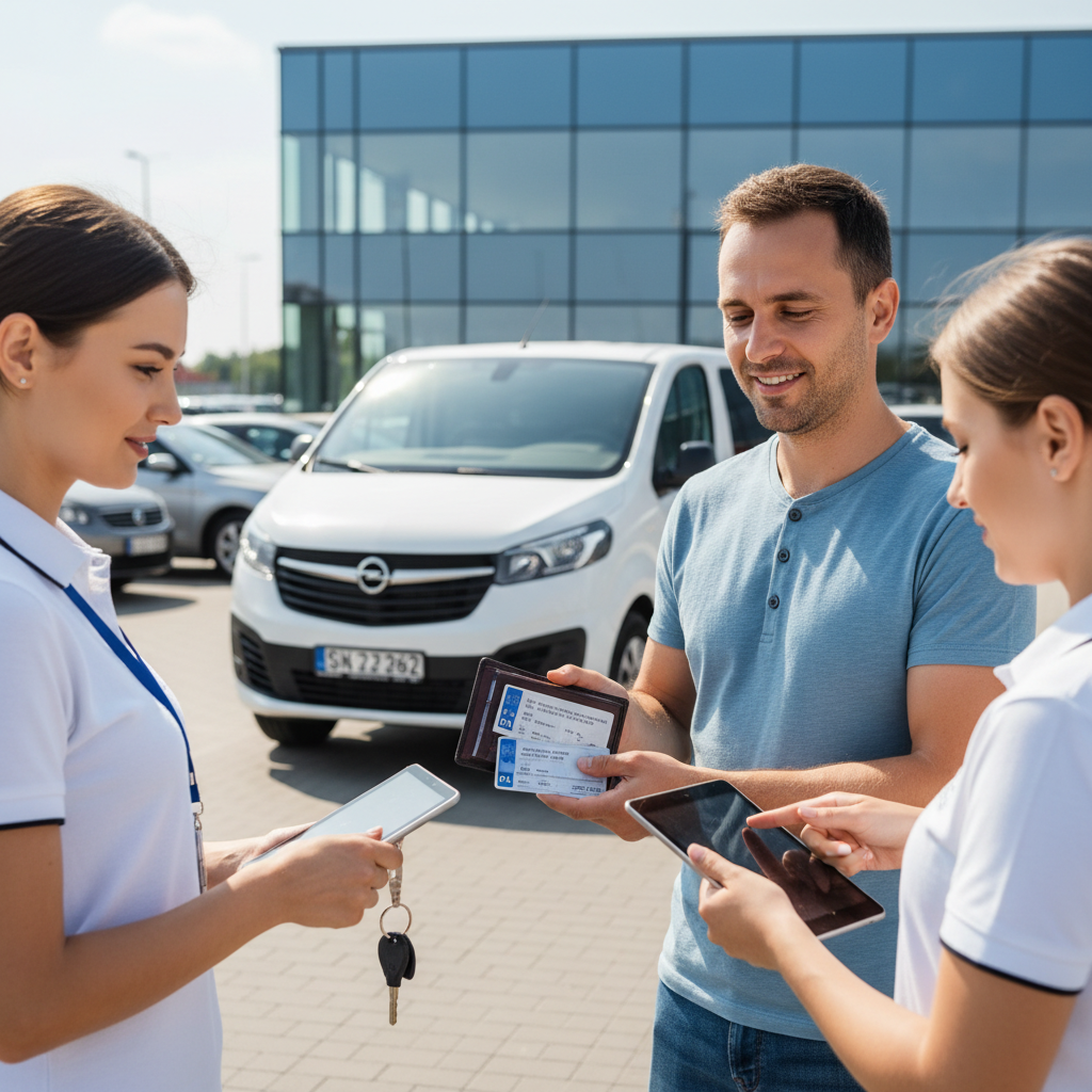 kierowca pokazujący prawo jazdy i dowód przy odbiorze 9-osobowego minibusa na parkingu