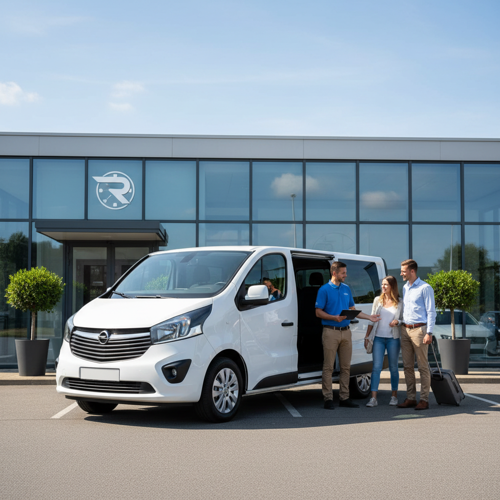 9-osobowy Opel Vivaro przygotowany do odbioru, zaparkowany przed siedzibą firmy w słoneczny dzień