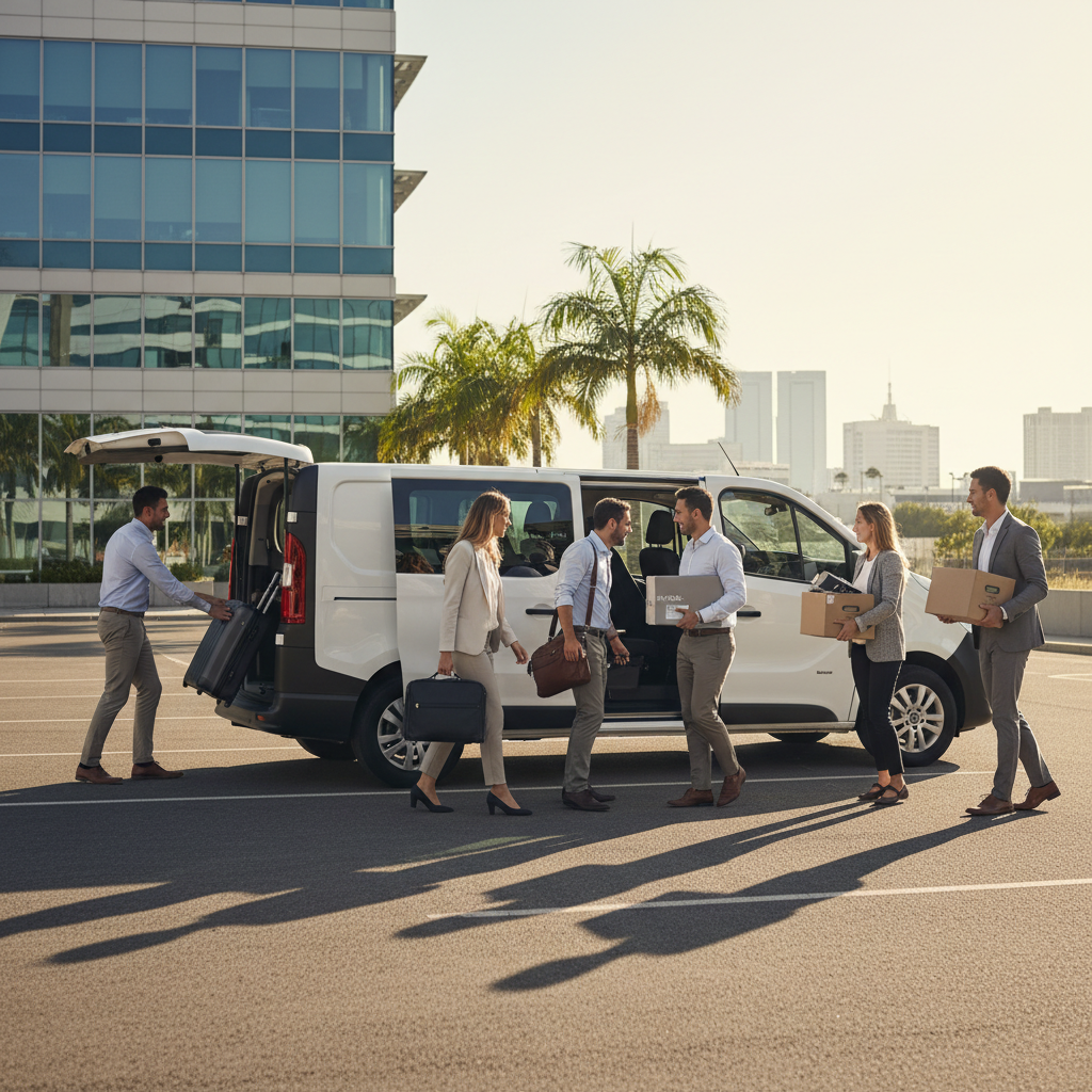 zespół firmowy pakuje torby i materiały do 9-osobowego busa przed wyjazdem służbowym