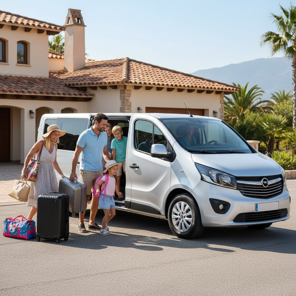 rodzina z walizkami i dziecięcym plecakiem wsiada do srebrnego minibusa przed wakacyjnym wyjazdem