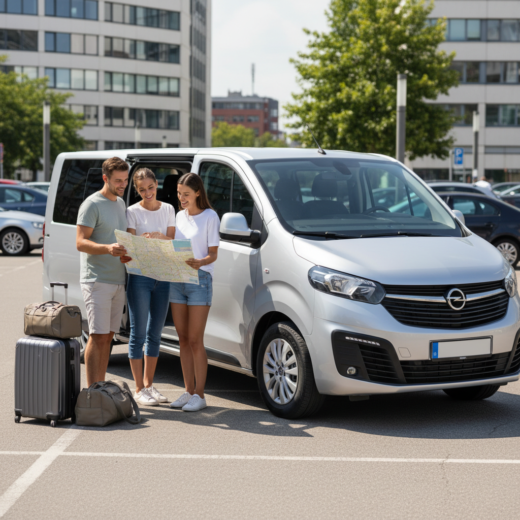srebrny minibus zaparkowany w letni dzień na parkingu w centrum miasta, obok walizki i pasażerowie planujący wyjazd