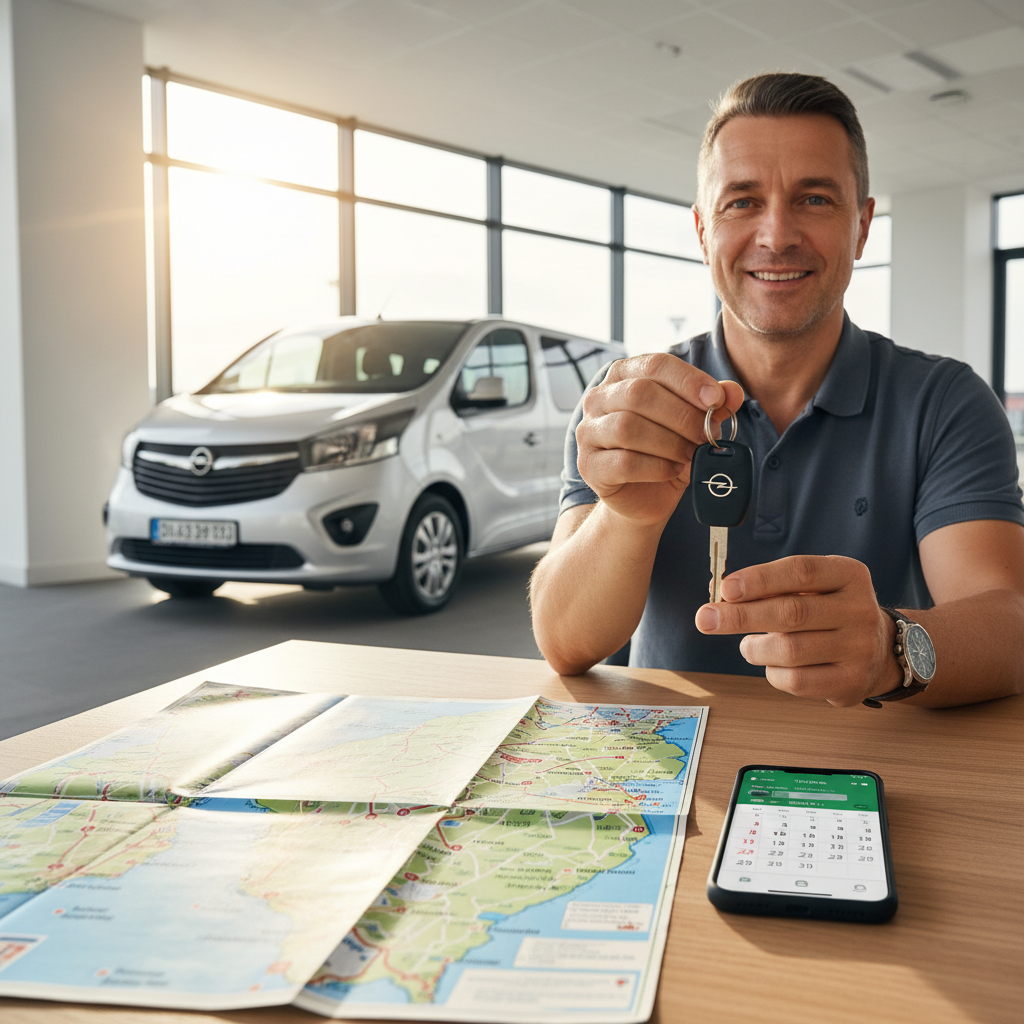 kierowca trzymający kluczyki do 9-osobowego busa, na stole obok telefon z kalendarzem rezerwacji i wakacyjna mapa regionu