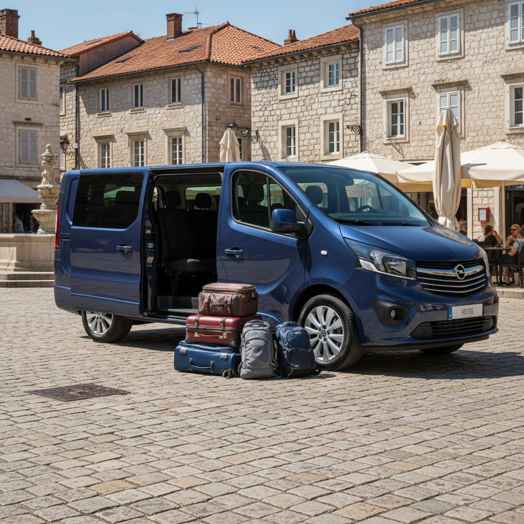 nowoczesny 9-osobowy minibus zaparkowany latem na rynku w małym mieście, z bagażami przygotowanymi do wyjazdu