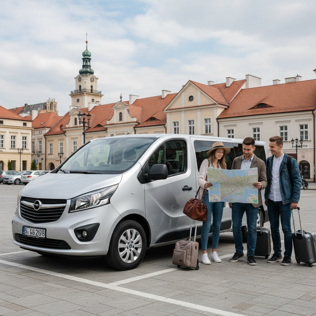 minibus stojący na parkingu w centrum Kielc, pasażerowie wysiadają z torbami i planują dalszy dzień przy mapie miasta