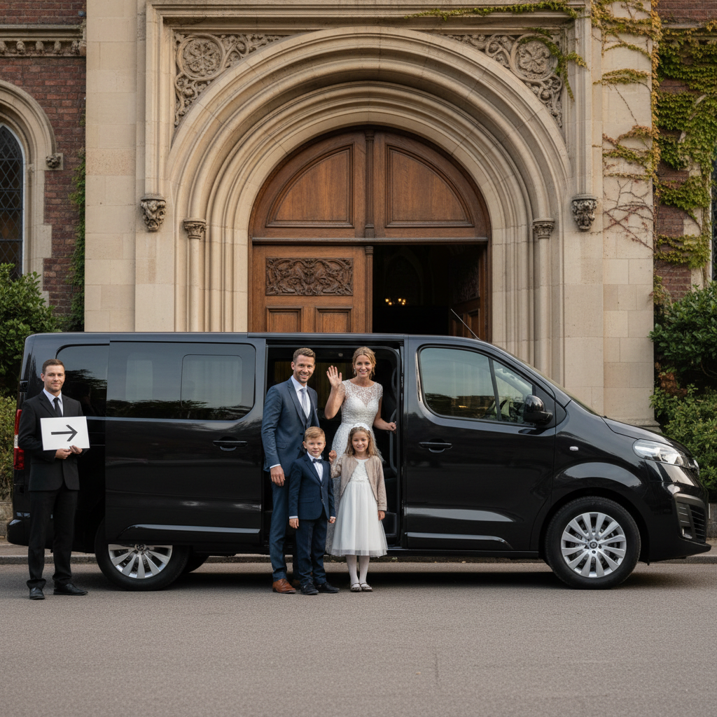 elegancko ubrana rodzina wsiadająca do ciemnego 9-osobowego busa przed domem weselnym