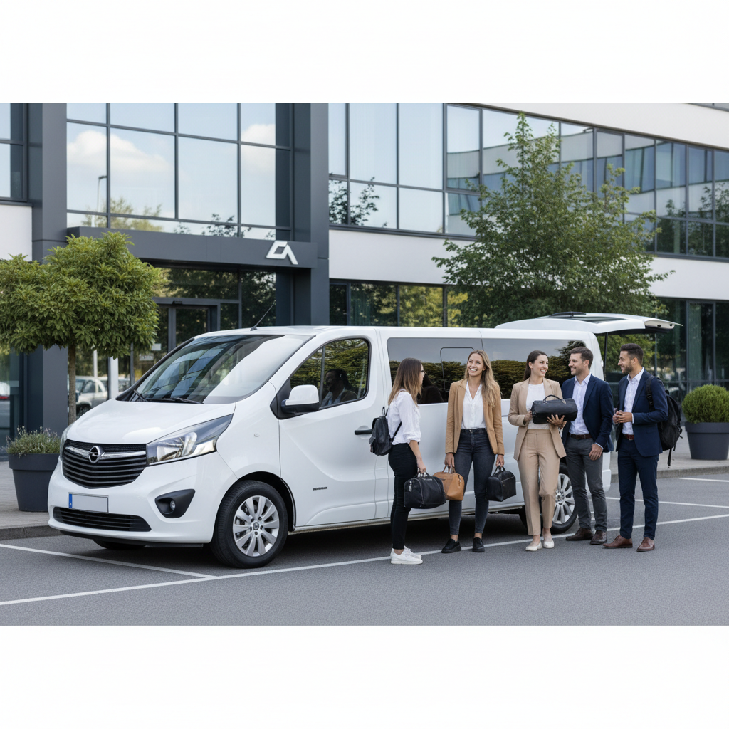 nowoczesny 9-osobowy minibus zaparkowany przy biurze firmy przed wyjazdem integracyjnym