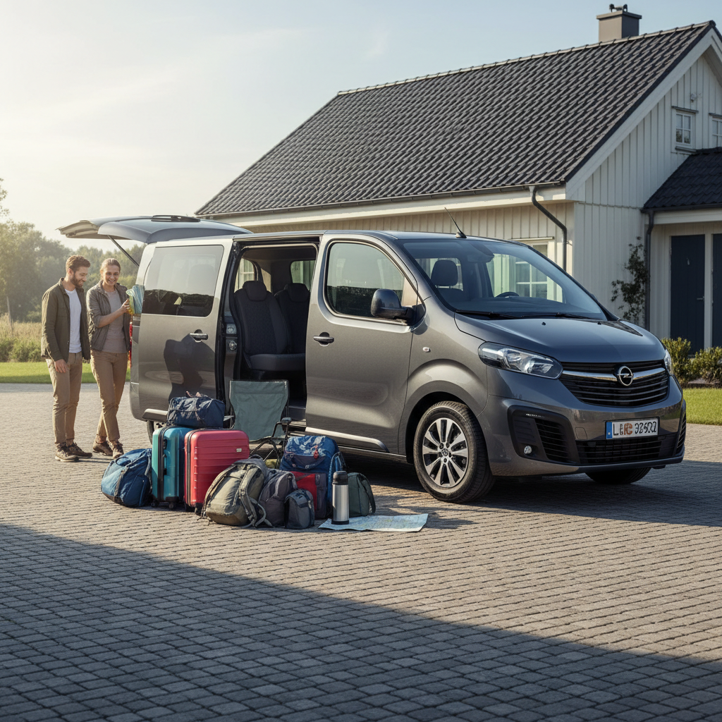 9-osobowy minibus zaparkowany rano przed wyjazdem majówkowym z bagażami ustawionymi obok auta