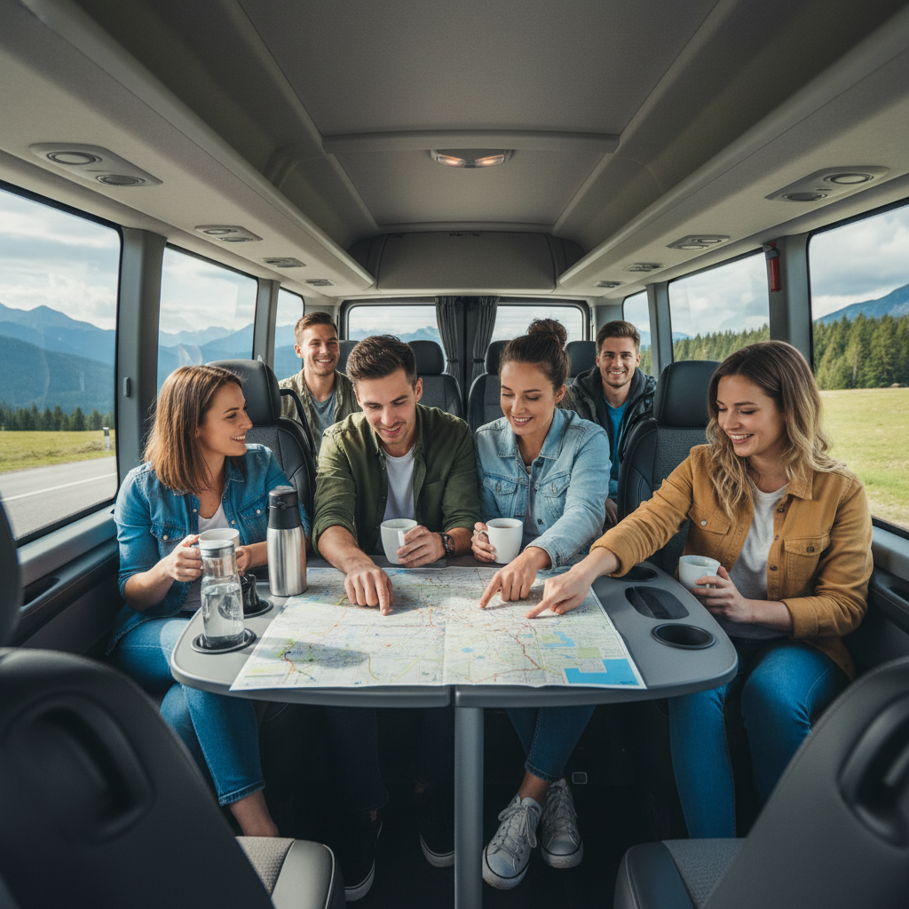 grupa znajomych siedząca w nowoczesnym minibusie podczas postoju w trasie, z mapą i kubkami kawy