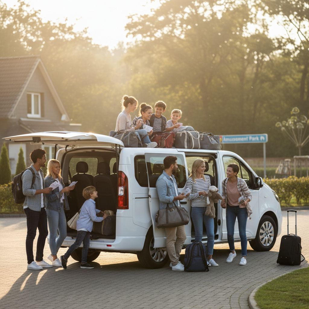 rodzina i grupa znajomych pakują plecaki do 9-osobowego busa przed porannym wyjazdem do parku rozrywki