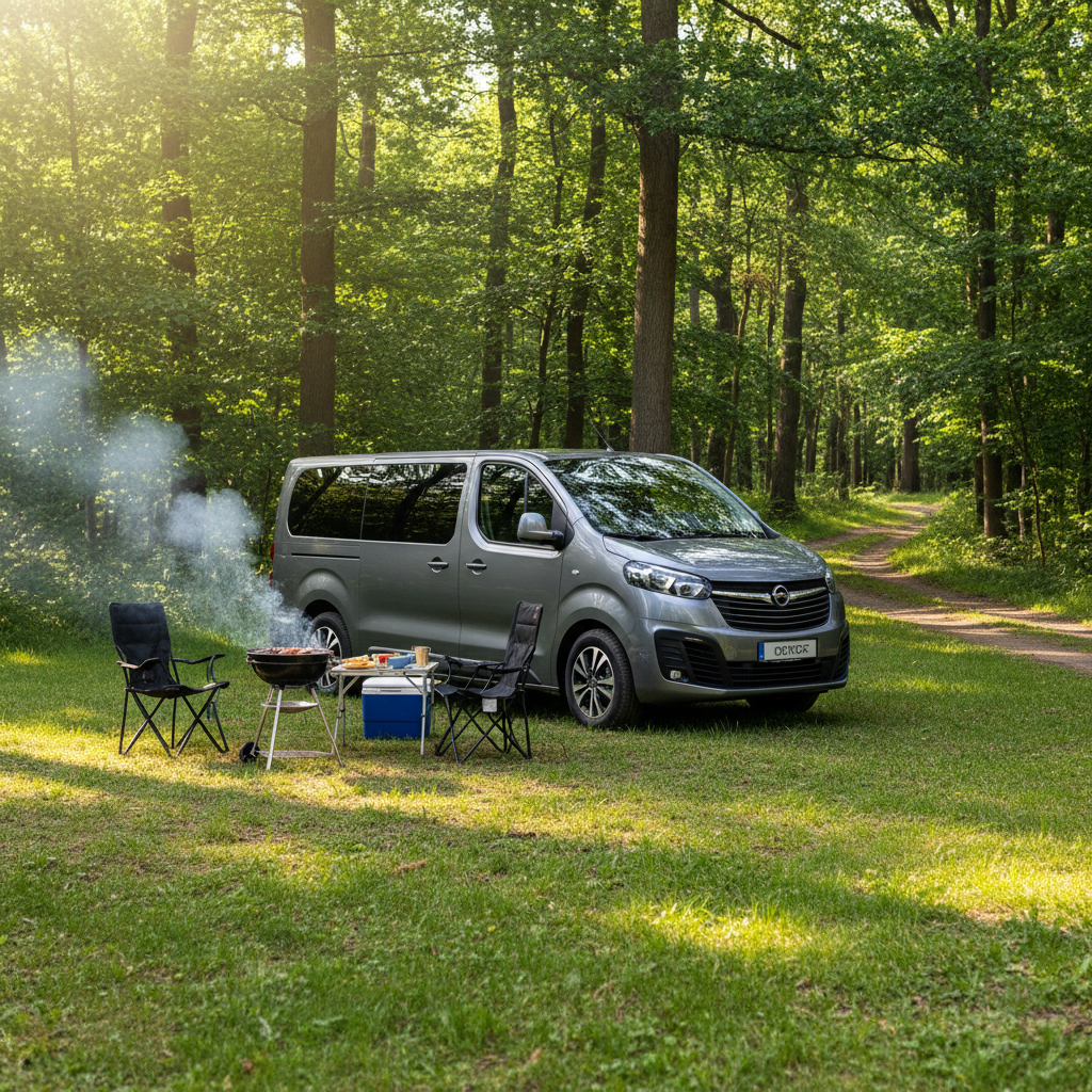 9-osobowy minibus zaparkowany przy leśnej polanie, obok rozstawiony grill i składane krzesła