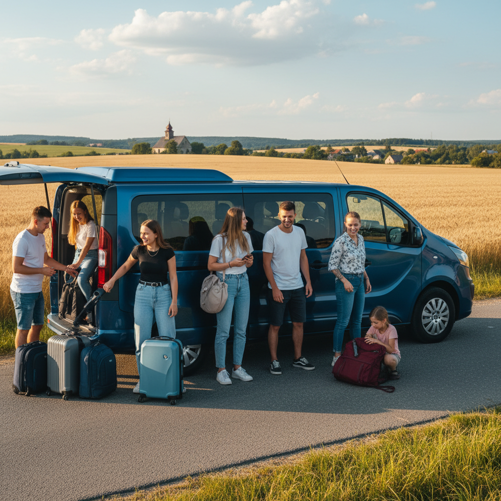 dziewięcioosobowa grupa pakuje walizki i plecaki do minibusa przed wyjazdem z okolic Jędrzejowa