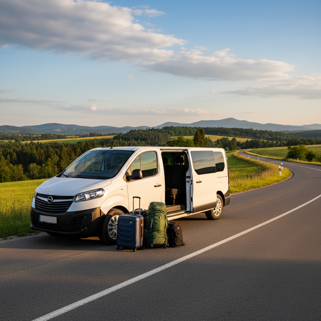 minibus zaparkowany przy polskiej trasie turystycznej, obok walizki i plecaki przygotowane do dalszej drogi