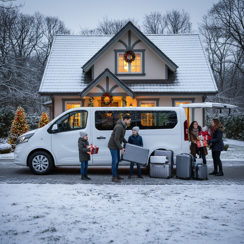 9-osobowy minibus zaparkowany przed domem, obok rodzina pakuje walizki i świąteczne paczki do bagażnika
