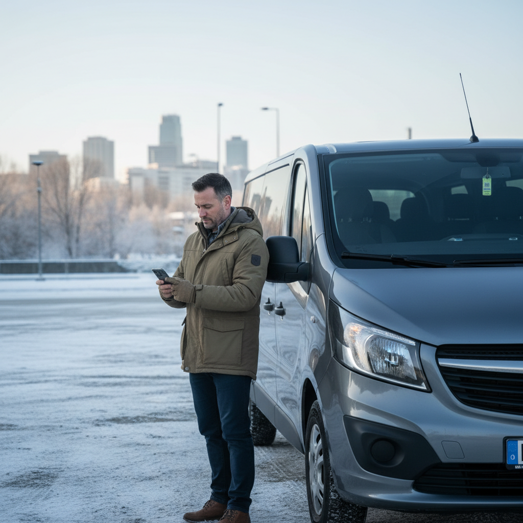kierowca sprawdzający trasę na telefonie obok zaparkowanego minibusa na miejskim parkingu w zimowy poranek